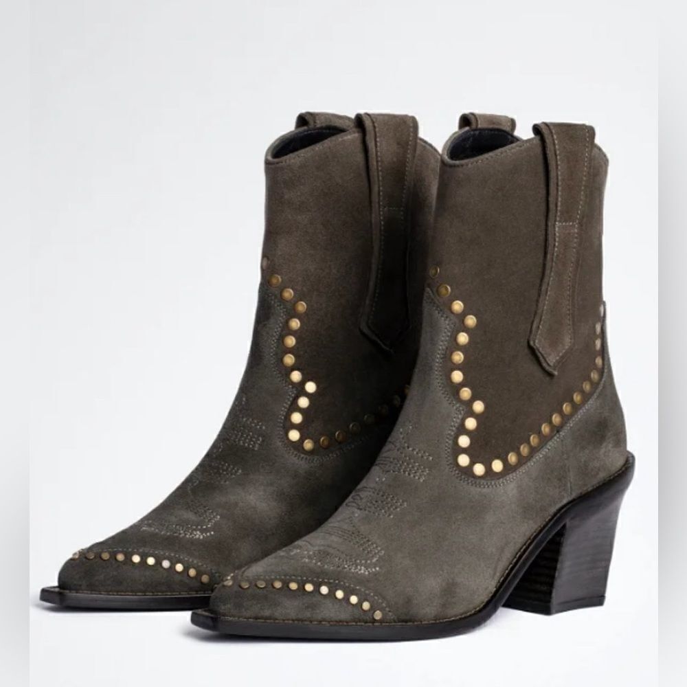 Zadig & Voltaire Cara pointed suede boots in khaki western studded suede size 40